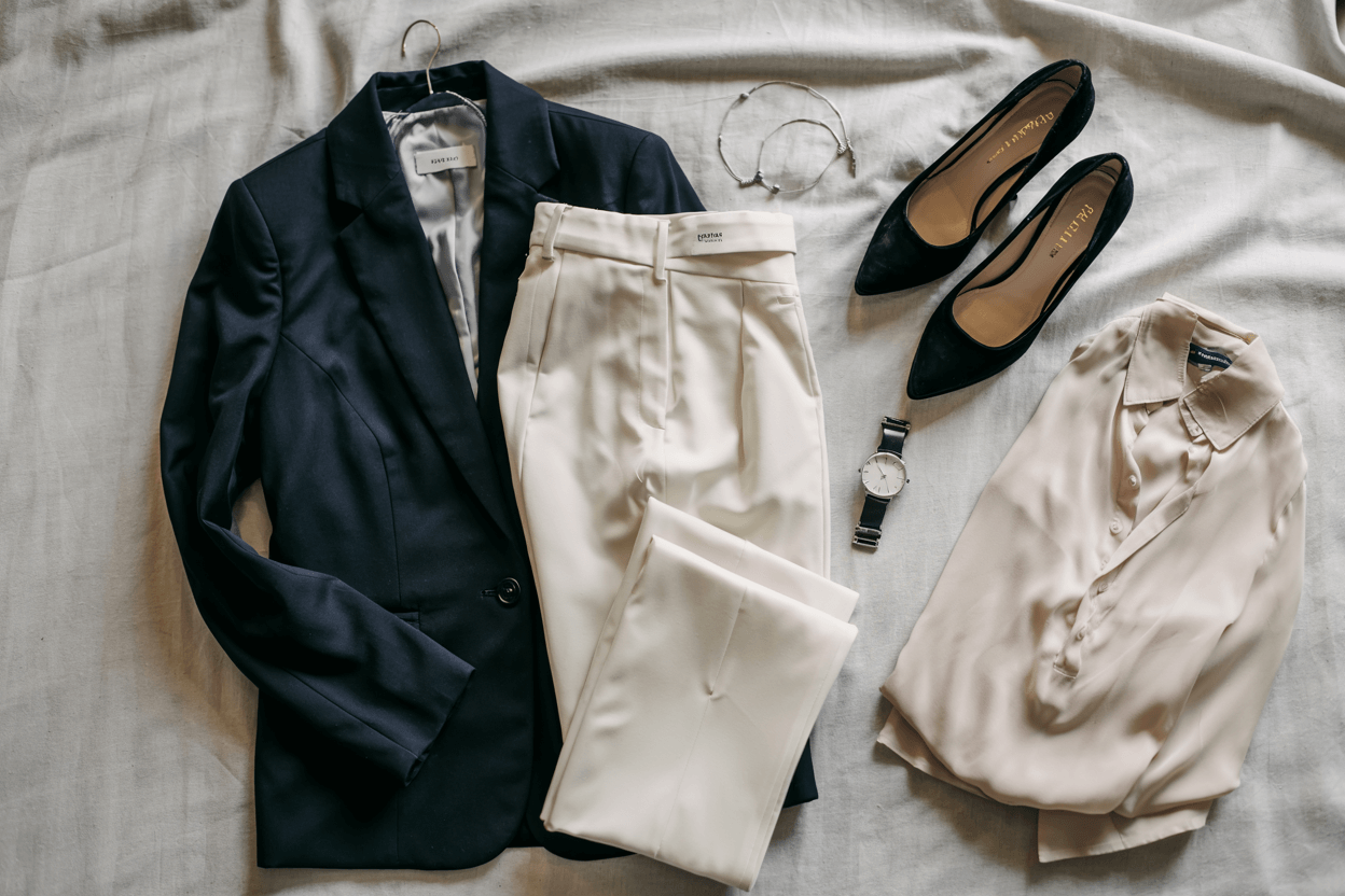 Capsule Interview Wardrobe Essentials for 2025 – Styled by Deni Kiro Flat lay of a professional capsule interview wardrobe for 2025 by personal stylist Deni Kiro