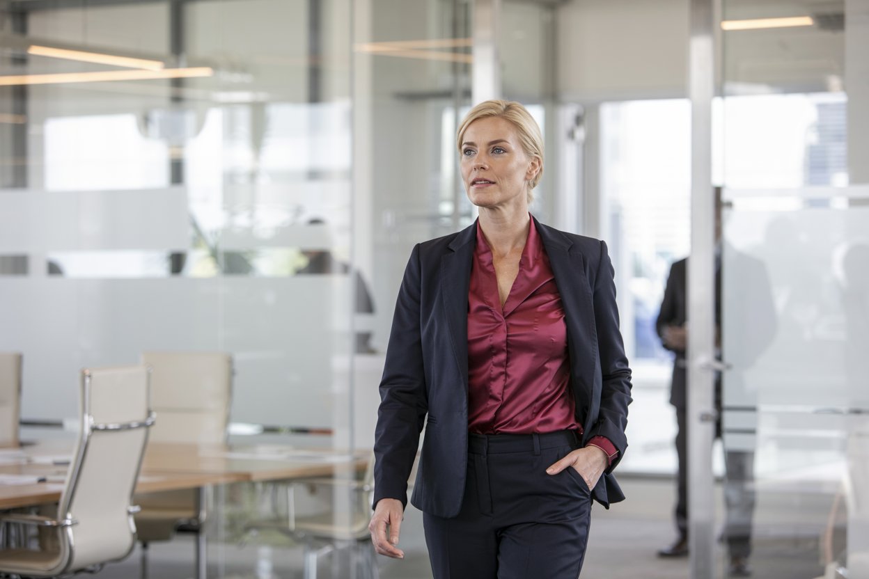 A finance executive at a negotiation table, wearing a consistent navy suit across different meetings, paired with alternating tie colours (green, burgundy, purple) in a subtle progression.