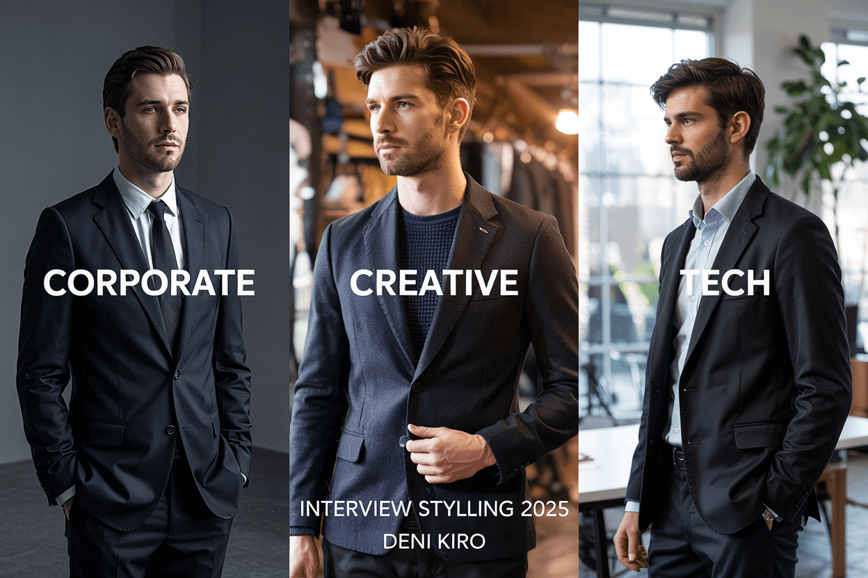 Interview Outfit Comparison: Corporate vs Creative vs Tech by Deni Kiro Comparison of industry-specific interview outfits styled by personal stylist Deni Kiro in London