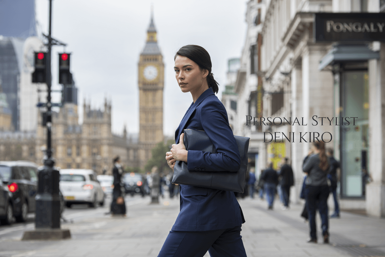 Intro: Fast-Paced Lifestyle Meets Smart Styling – Deni Kiro Performance Wardrobe Busy professional woman styled by Deni Kiro walking through London in performance wardrobe