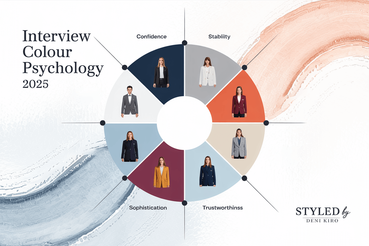 Interview Colour Psychology: Strategic Styling for 2025 by Deni Kiro Colour psychology chart showing professional interview wardrobe tones styled by Deni Kiro
