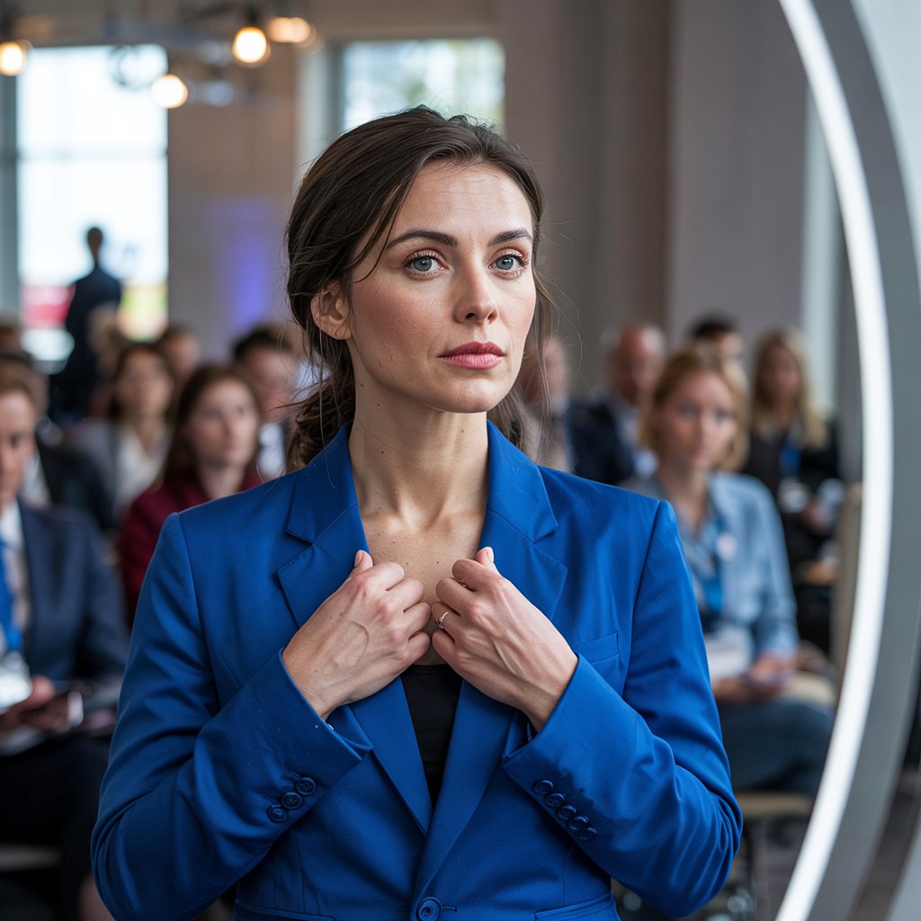 The Psychology of First Impressions – A professional woman entering a corporate meeting room in a navy blazer, capturing attention immediately. Colour Psychology Explained