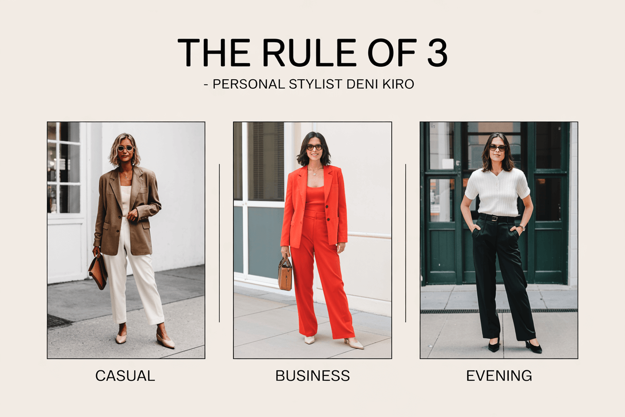 The Rule of Three in Performance Wardrobe Styling by Personal Shopper Deni Kiro Performance wardrobe grid styled for three occasions by personal shopper Deni Kiro
