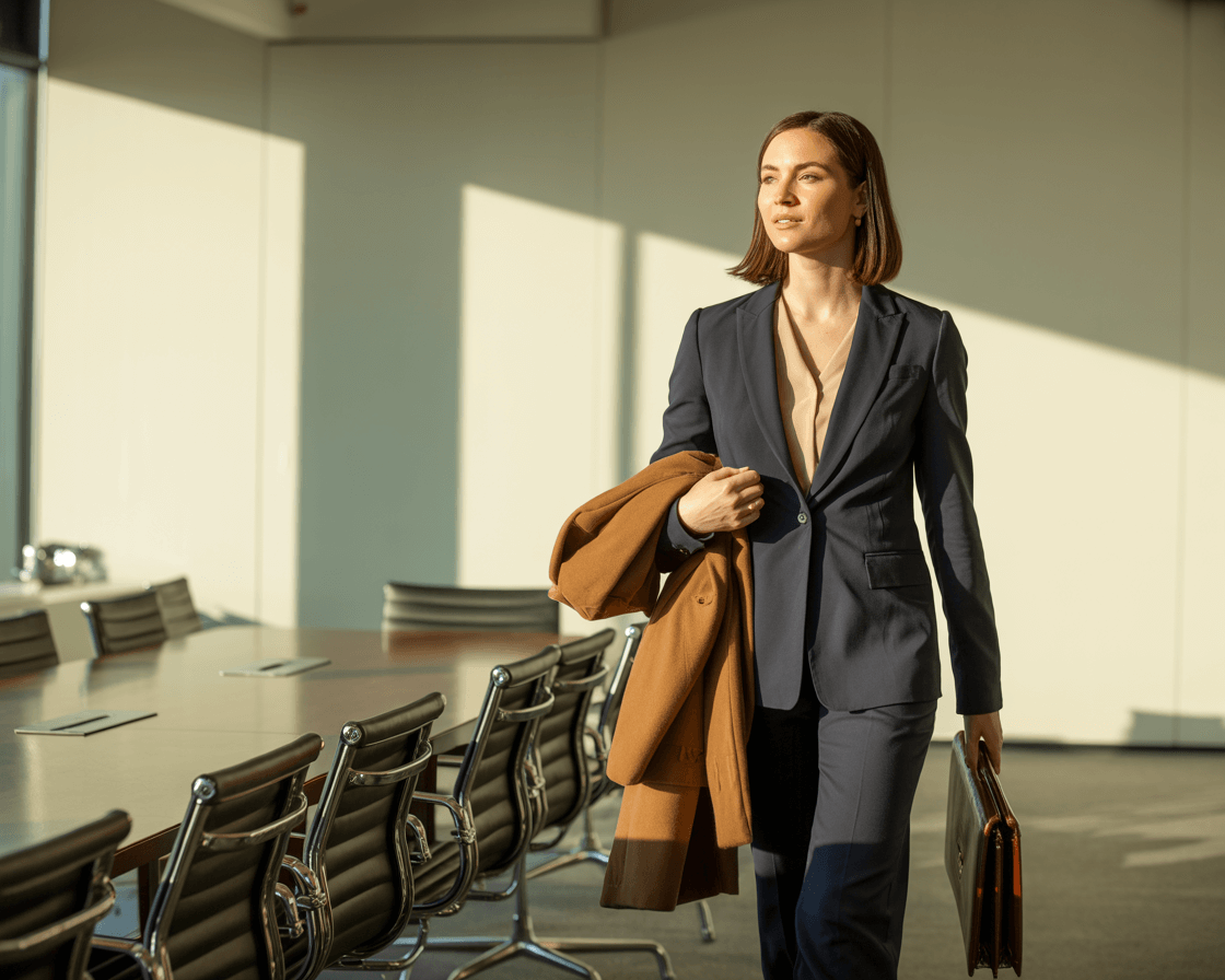 Professional woman walking confidently into boardroom styled by personal shopper UK