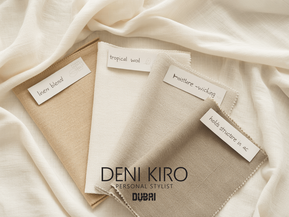 Best Fabrics for Dubai Weather Personal Stylist Fabric Guide best fabrics for dubai weather infographic by personal stylist including linen cotton silk and moisture wicking blends