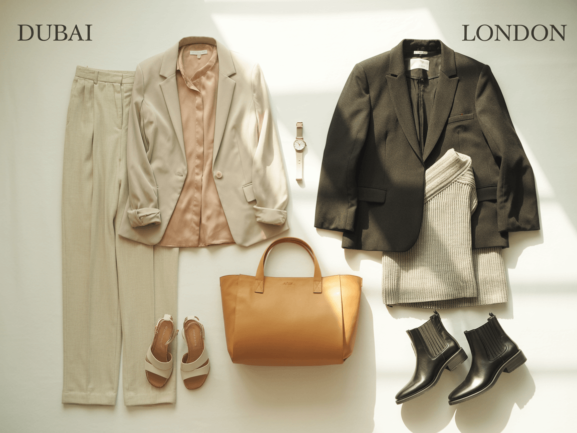 Cross-Climate Wardrobe Dubai and London – Personal Stylist Strategy cross climate wardrobe strategy by personal stylist for dubai and london professionals balancing hot desert and cool european climates