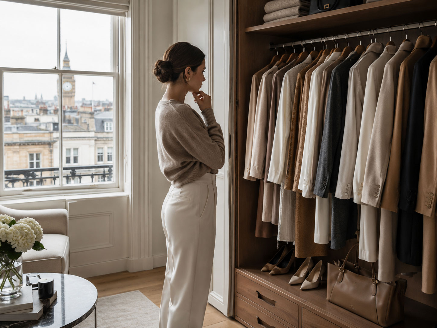 Woman Choosing What To Wear From A Full Wardrobe woman choosing what to wear from a full wardrobe