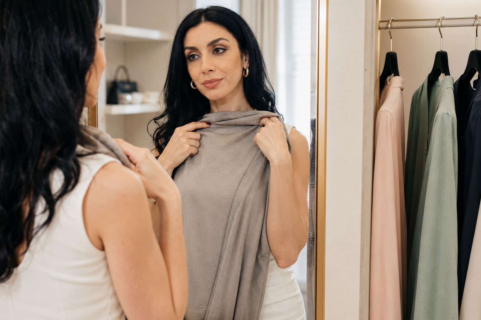 Woman Testing Colours That Make Complexion Look Tired